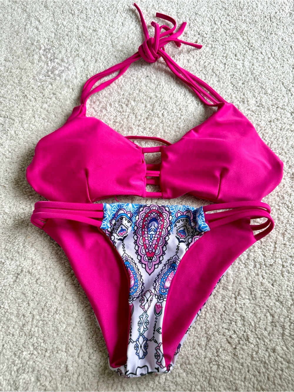 Hot Pink Two-Piece Bikini Set with Paisley Accent
